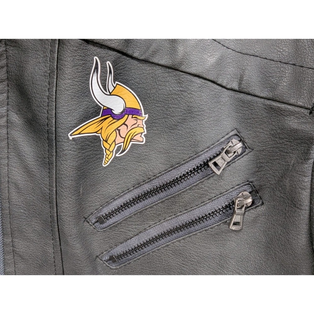 Minnesota Vikings NFL Faux Leather Moto Jacket Size Large Team Logos Zip Pockets - Picture 3 of 15